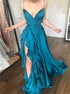 A Line Blue V Neck Ruffles Satin Prom Dress with Slit LBQ0963